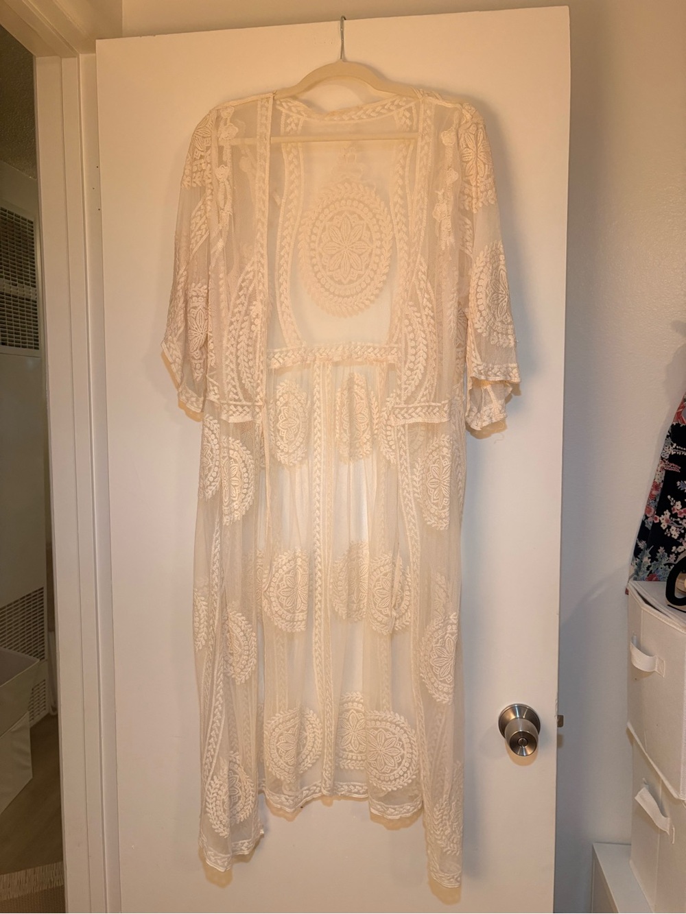 Sheer Embroidered Maxi Kimono - Cream